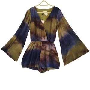 Love Riche Multicolor Olive MixTie-Dye Romper Side Pockets Bell Sleeves Small
